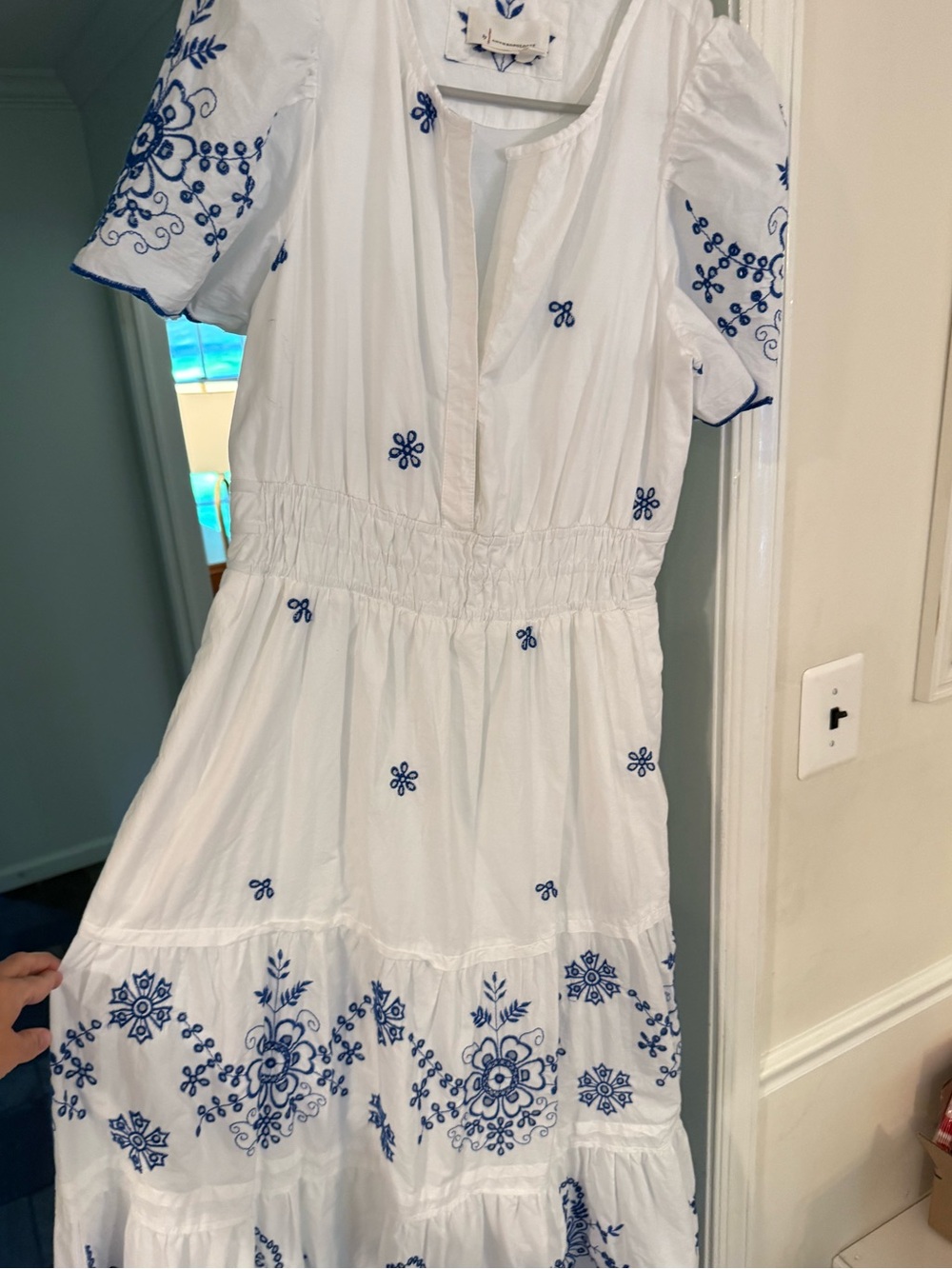 Anthropologie White Maxi Dress with Blue Embroidery
